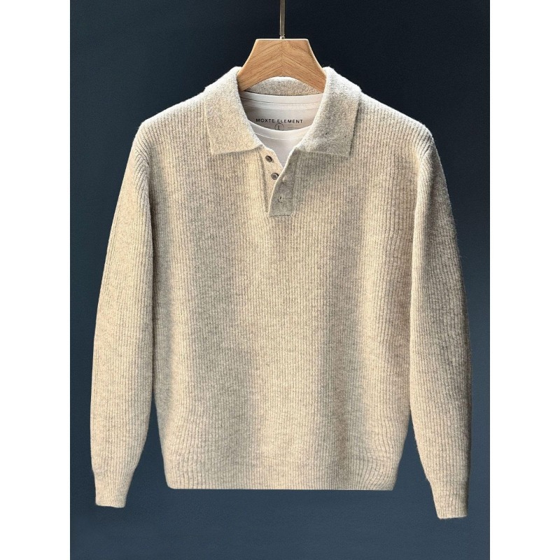 Ribbed Knit Sweater - Мужской свитер с воротником-поло, на половину