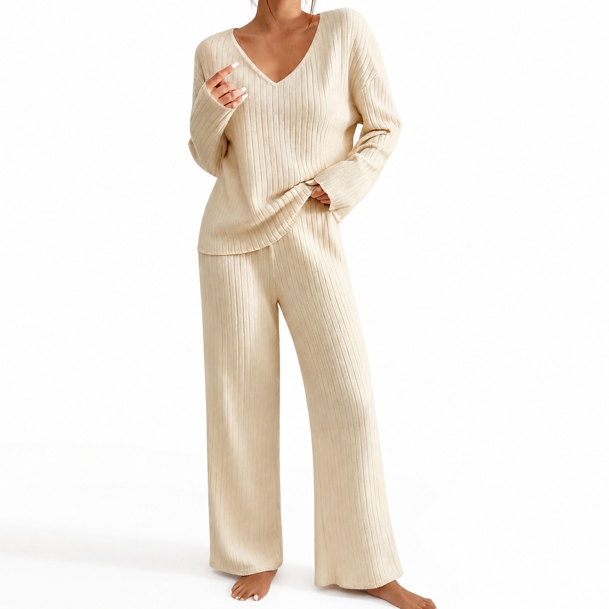 Ribbed Knit Sweater - Женский осенний свитер с V-образным вырезом,